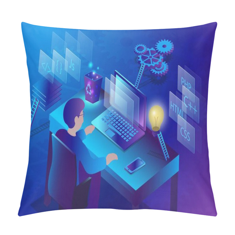 Personality  3d Isometric Digital Design Programing Software And Technologies. Man On The Computer Working At New Website Design. Pillow Covers