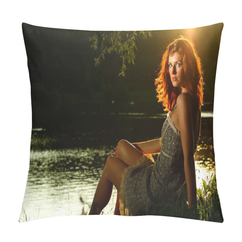 Personality  Girl Sitting On The Bank Of Forest River Pillow Covers