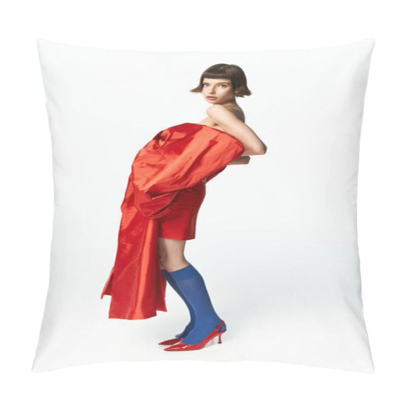 Personality  Stylish Young Woman Showcases A Striking Red Dress With A Dramatic Accent. Pillow Covers