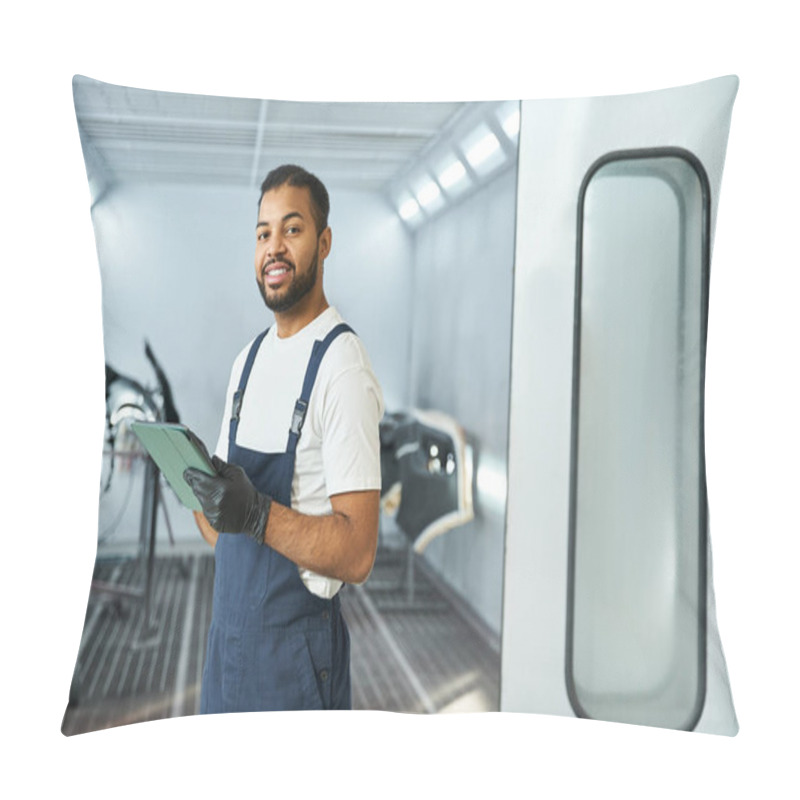 Personality  Handsome Young Mechanic Holds A Clipboard, Showcasing Professionalism In A Sleek Workshop. Pillow Covers