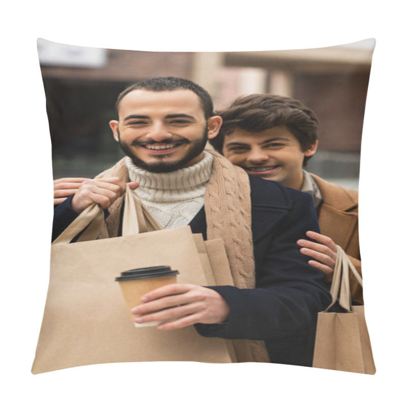 Personality  Cheerful Gay Man Embracing Bearded Boyfriend Holding Paper Cup And Shopping Bags Pillow Covers