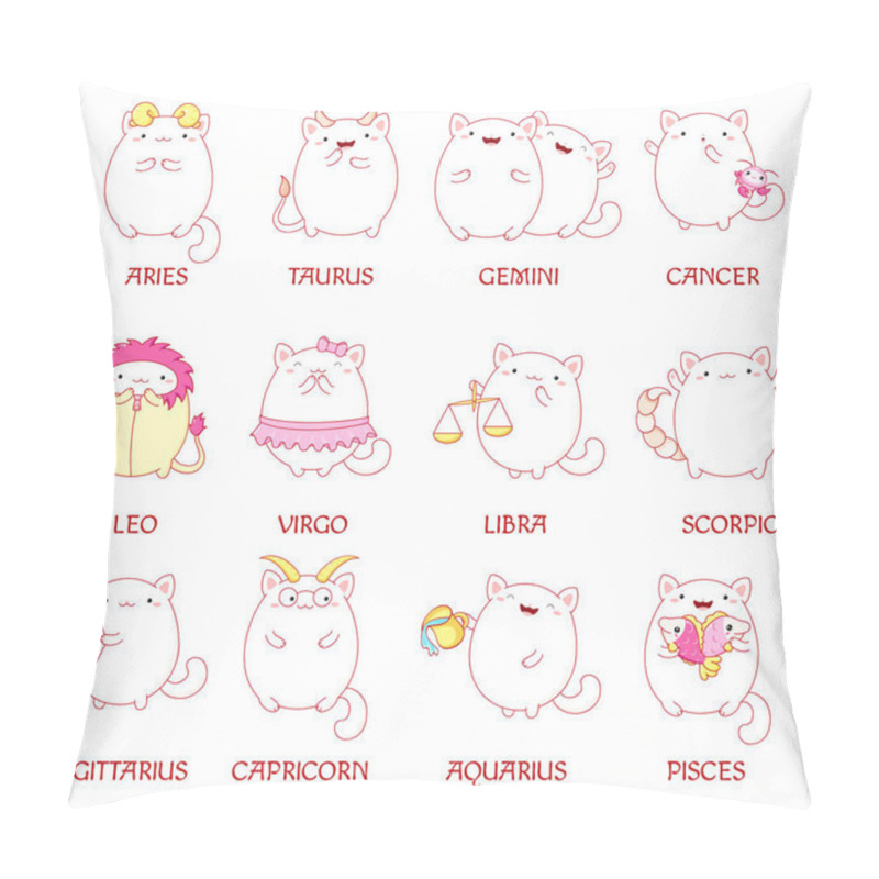 Personality  Feline Horoscope. Set Of Zodiac Sign Character In Kawaii Style. Cute Cats In Costume Of Aquarius, Pisces, Aries, Leo, Gemini, Taurus, Scorpio, Sagittarius, Libra, Virgo, Capricorn, Cancer. Vector EPS8 Pillow Covers