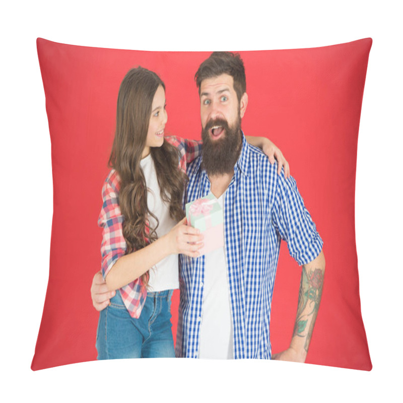 Personality  For Best Dad Ever. Man Bearded Father And Cute Little Girl Daughter On Red Background. Celebrate Fathers Day. Family Values Concept. Friendly Relations. Father Hipster And His Daughter. Gift Surprise Pillow Covers