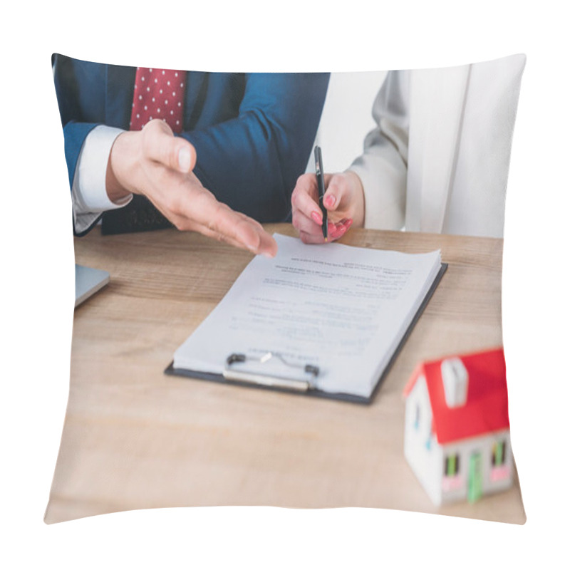 Personality  Partial View Of Businessman Showing Signature Place In Loan Agreement To Client Holding Pen Pillow Covers