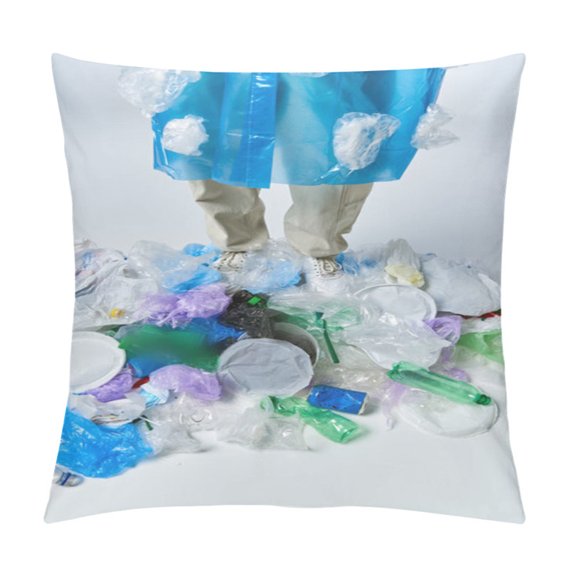 Personality  A Man Stands On A Pile Of Plastic Waste, Wearing A Plastic Poncho. Pillow Covers