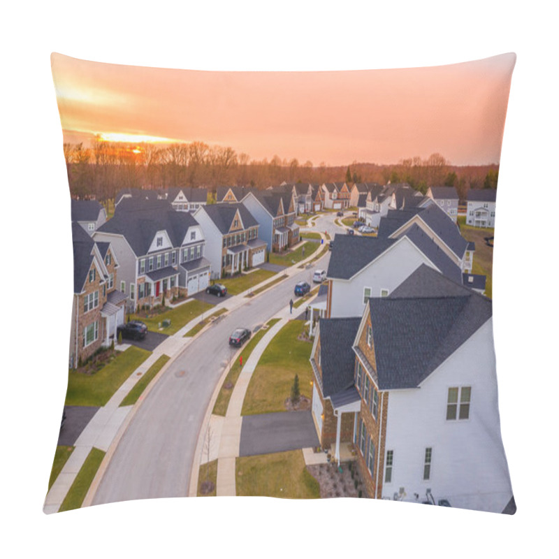 Personality  New American East Coast Neighborhood Street Curving Along Houses View During Sunset Pillow Covers