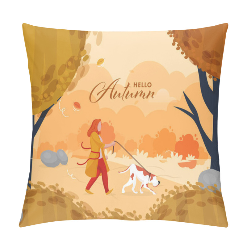 Personality  Hello Autumn Seasonal Background With Young Woman Walking Her Dog Illustration. Pillow Covers