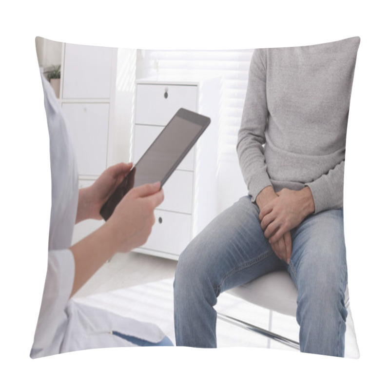 Personality  Man Having Appointment With STD Specialist In Clinic, Closeup Pillow Covers