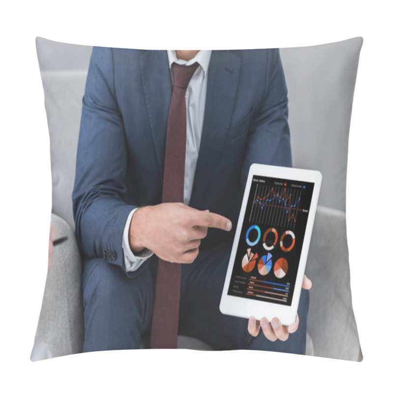 Personality  Cropped Shot Of Businessman In Formal Wear Pointing With Finger At Digital Tablet With Business Charts And Graphs Pillow Covers