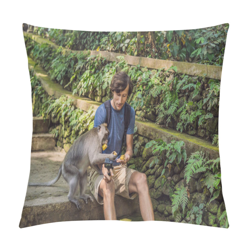 Personality  Young Man Using Selfie Stick For Taking Selfie With Funny Macaque Monkey In Woods Of Bali. Pillow Covers