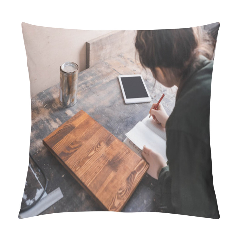 Personality  Blurred Furniture Designer Writing On Notebook Near Wooden Plank And Digital Tablet  Pillow Covers