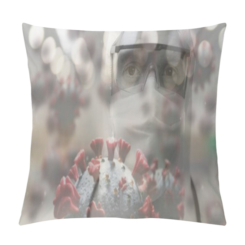 Personality  Digital Illustration Of Macro Covid-19 Cells Floating Over Caucasian Doctor Wearing Protective Clothes. Coronavirus Covid-19 Pandemic Concept Digital Composite Pillow Covers