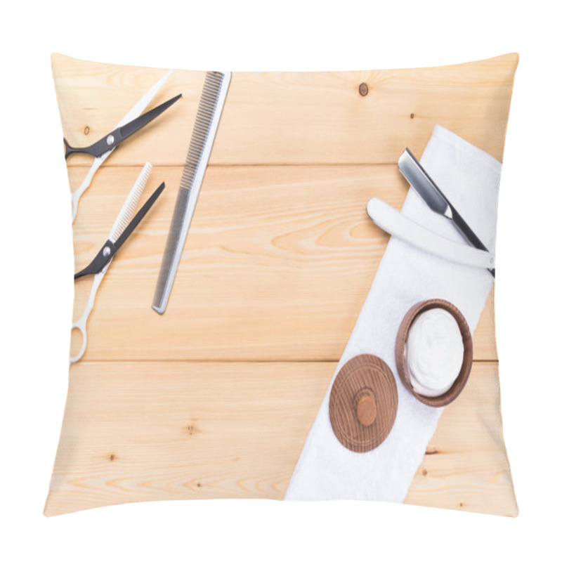 Personality  A Set Of Hairdresser For A Hairstyle And Shaving, On A Light Wooden Background Pillow Covers