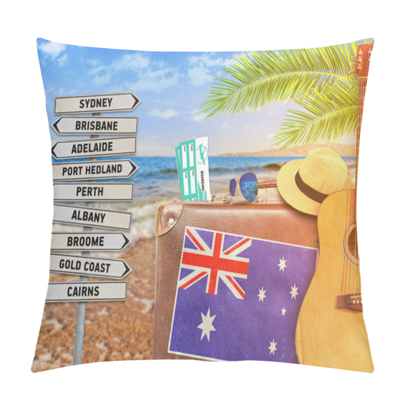 Personality  Concept Of Summer Traveling With Old Suitcase And Australia With Burning Sun Pillow Covers