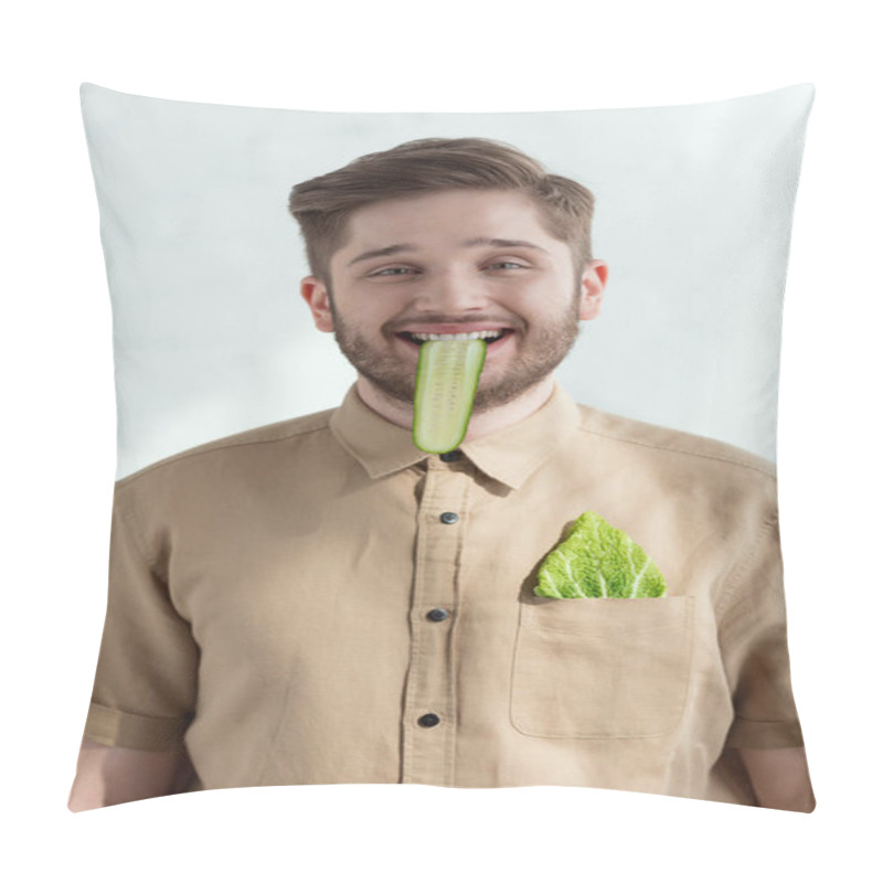 Personality  Portrait Of Smiling Man With Cucumber Slice In Mouth And Savoy Cabbage Leaf In Pocket, Vegan Lifestyle Concept  Pillow Covers