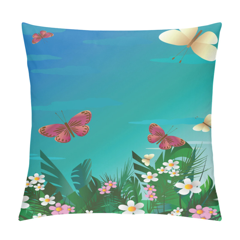 Personality  Vector Summer Landscape With Butterflies And Flowers On A Background Of Blue Sky Pillow Covers