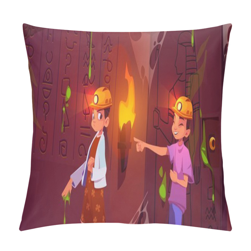 Personality  Children Exploring Ancient Egyptian Treasury. Vector Cartoon Illustration Of Teen Girl And Boy In Dark Dungeon With Hieroglyphs And Pictures, Fire Torches, Sticky Slime, Dusty Cobweb On Stone Wall Pillow Covers