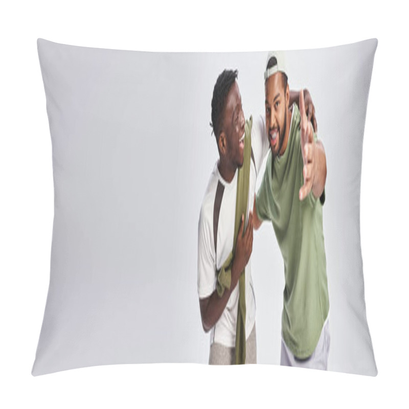 Personality  Cheerful African American Man Pointing With Hand Near Friend On Grey Background, Juneteenth Banner Pillow Covers