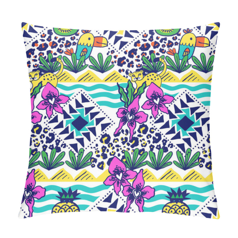 Personality  Vector Seamless Tropical Pattern With Flowers, Fruits And Palm Leaves. Ethnic Abstract Design With Tribal Aztec Elements, Geometric Shapes, And Hand Drawn Stripes. Bright Bold Print For Summer Fashion Pillow Covers