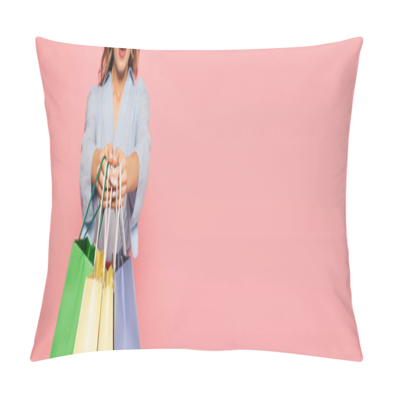 Personality  Cropped View Of Shopping Bags In Hands Of Excited Woman On Blurred Background Isolated On Pink, Banner   Pillow Covers