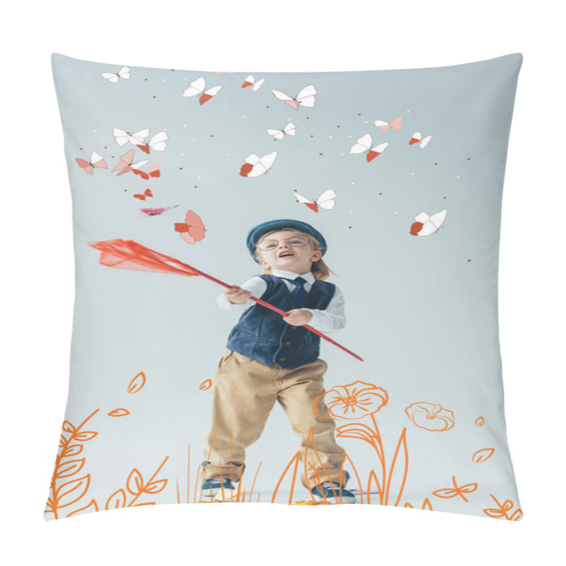 Personality  Cute And Blonde Kid In Retro Vest And Cap Catching Butterflies With Butterfly Net On Fairy Meadow With Flowers Pillow Covers