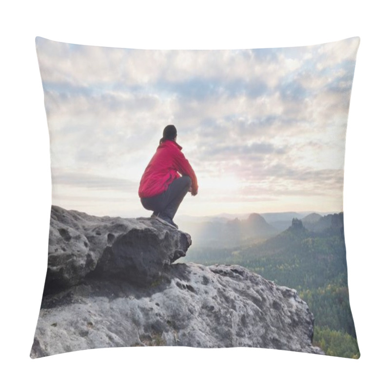 Personality  Rear View Of Alone Hiker In Dark Red Outdoor Clothes Sitting On Rock. Sharp Rocky Peak  Above Mountains Valley, Cold Sun Hidden In Rainy Clouds.  Pillow Covers