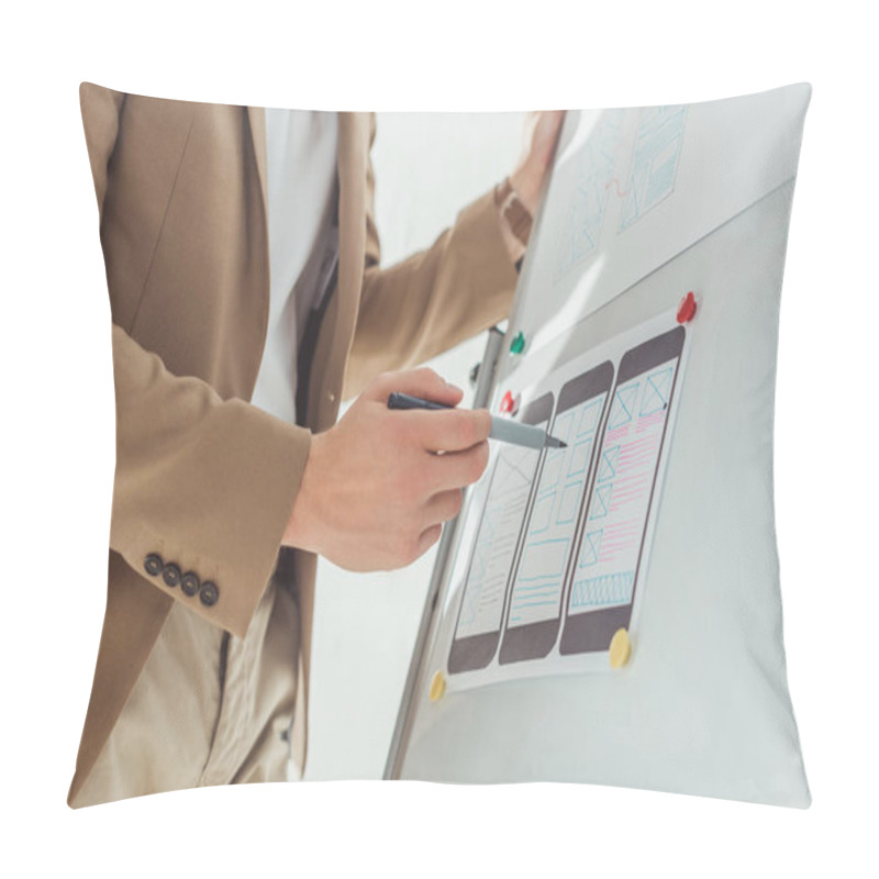 Personality  Cropped View Of Designer Making Notes On App Interface Sketches On Whiteboard In Office Pillow Covers