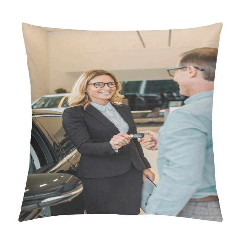 Personality  Adult Man Taking Car Key From Female Car Dealer At Showroom Pillow Covers