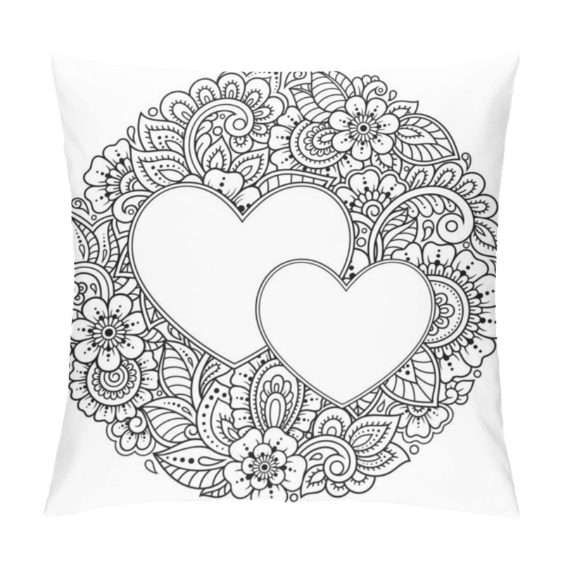 Personality  Circular Pattern In Form Of Mandala With Frame In Shape Of Heart. Decorative Ornament In Ethnic Oriental Mehndi Style. Outline Doodle Hand Draw Vector Illustration. Antistress Coloring Book Page. Pillow Covers