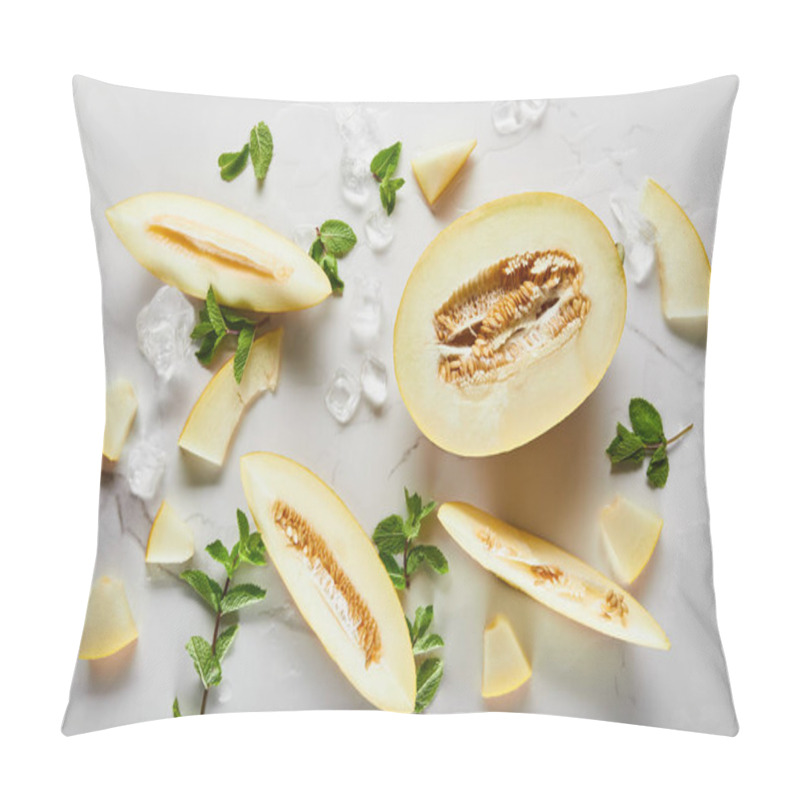 Personality  Top View Of Cut Tasty Melon On Marble Surface With Mint And Ice Pillow Covers