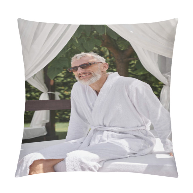 Personality  Cheerful Mature Man In Sunglasses And Robe Relaxing In Private Pavilion, Wellness Retreat In Resort Pillow Covers