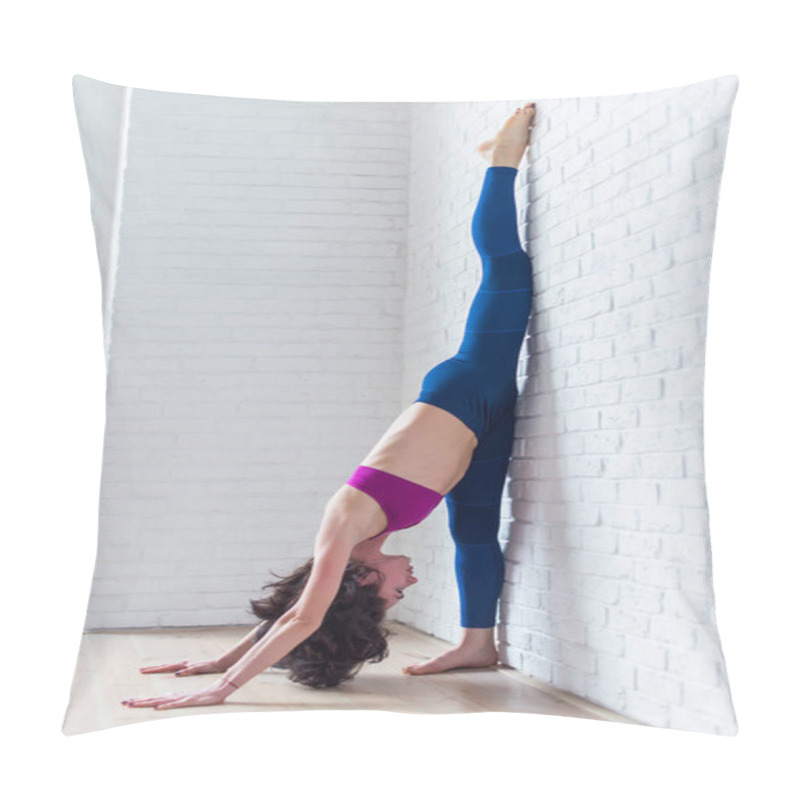 Personality  Side View Of Professional Female Athlete Practicing Yoga Stretching Her Calves, Hamstrings, Thighs Doing Standing Split Exercise Pillow Covers