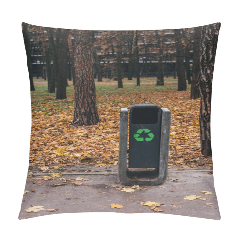 Personality  Selective Focus Of Trash Bin With Recycling Sign In Autumnal Park With Yellow Leaves  Pillow Covers