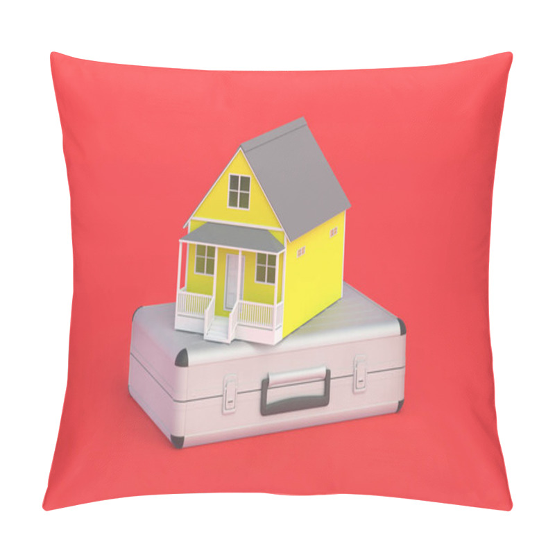 Personality  Metal Suitcase Near House. Registration Of Documents At Home. Investing In Construction. Real Estate Mortgage. Moving To Another Home. 3d Render Pillow Covers