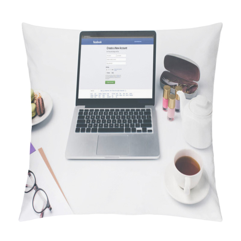 Personality  Laptop With Facebook Website At Workplace Pillow Covers