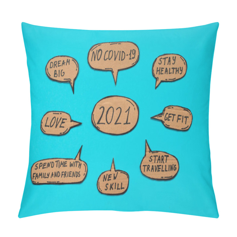 Personality  2021 New Year Wishes, Such As No Covid-19, Stay Healthy, Get Fit, Start Traveling, New Skill, Time With Family And Friends, Love, Dream Big Written On Cartoon Bubbles On Blue. Pillow Covers