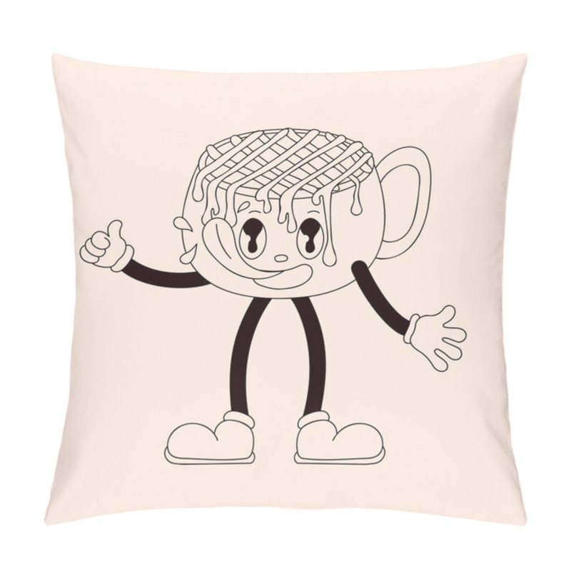 Personality  Smiling Groovy Cup Character With Topping Drizzle With Thumbs Up In Line Art. Fun And Quirky Design For Playful, Retro And Creative Concept. Pillow Covers