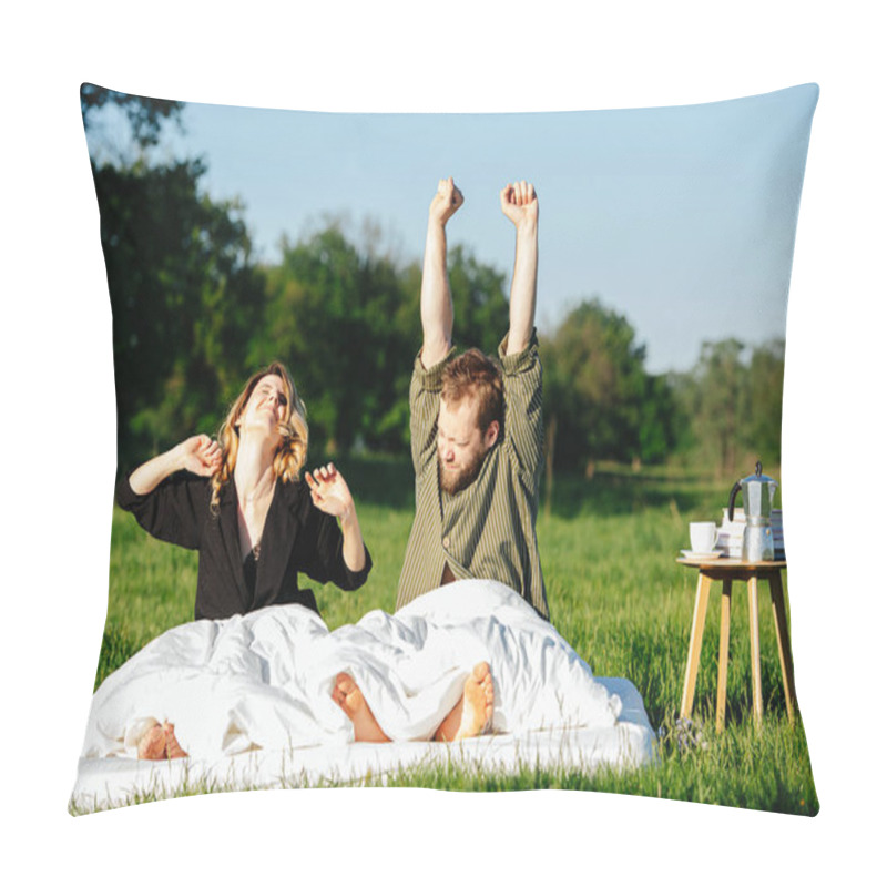 Personality  Couple Resting On Bed Made Outside On A Grass In A Countryside, Waking Up Pillow Covers