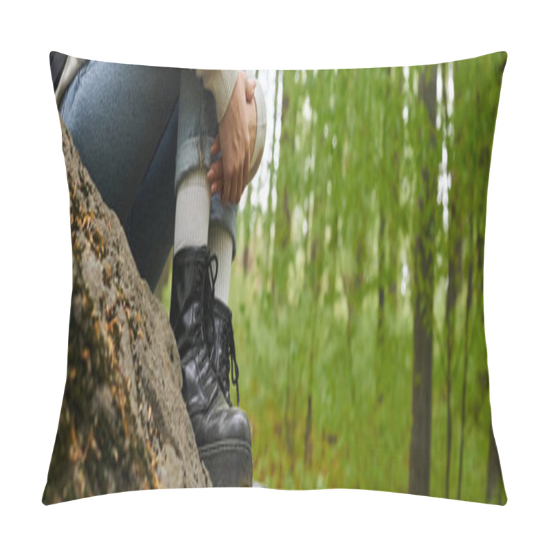 Personality  Cropped Photo Of Female Hiker Hugging Her Legs Wearing Jeans And Hiking Boots In Forest, Banner Pillow Covers