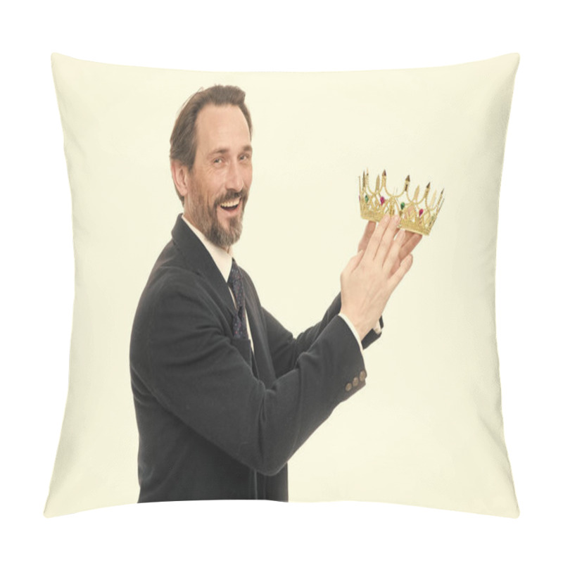 Personality  Business King. Mature Businessman Holding Crown. Senior Man Representing Power And Triumph. Success In Business. King Of Style. Achieving Victory And Success. Fit For A King Pillow Covers