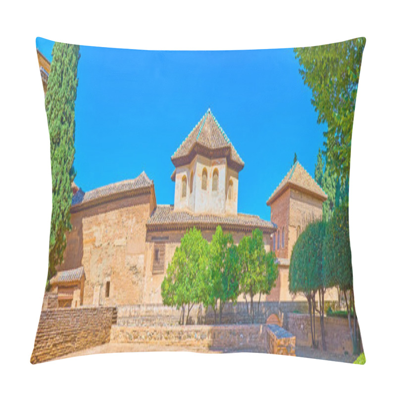 Personality  Panorama of Nasrid palace roof with arched windows, covered with fine Arabic screens, stellar tile roof of the dome and medieval brick wall, Alhambra, Granada, Spain pillow covers