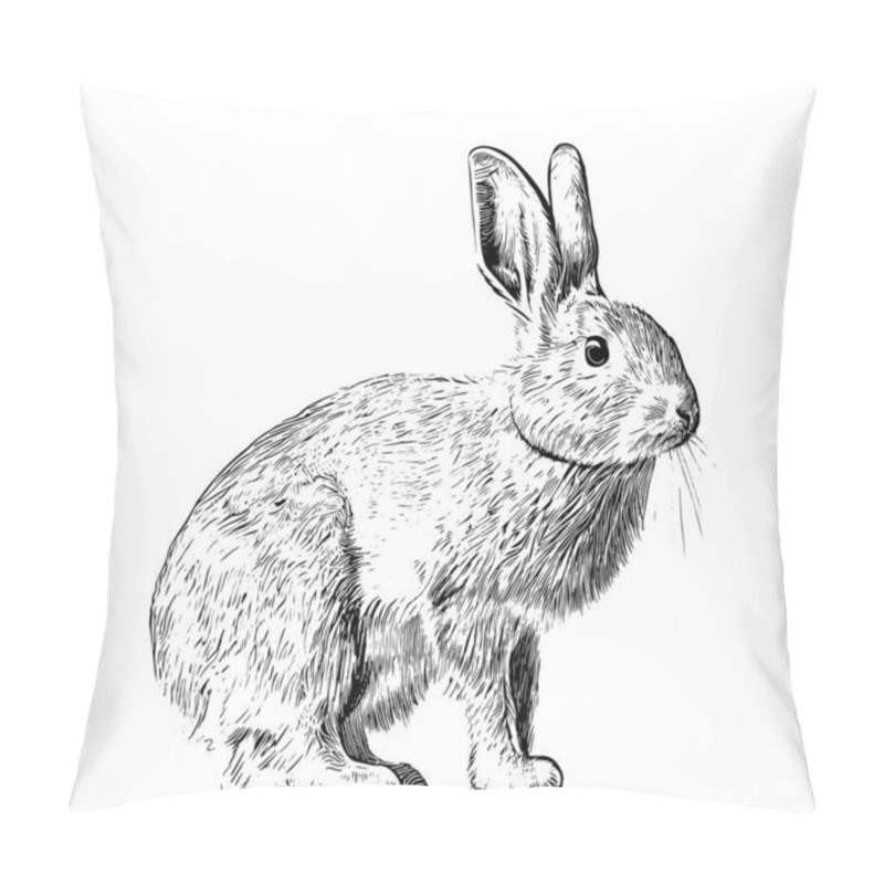 Personality   Rabbit Sitting Sketch Engraving Hand Drawn Vector Illustration Pillow Covers