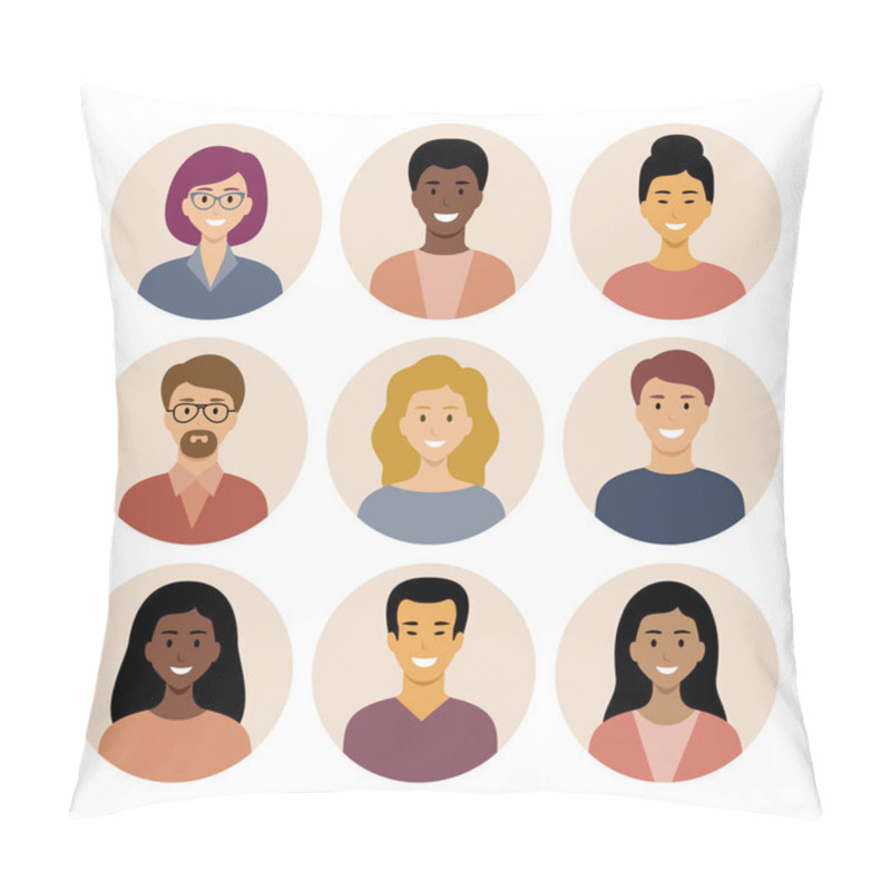 Personality  Set Of Round Flat Icons With People. Different Nationalities. Pillow Covers