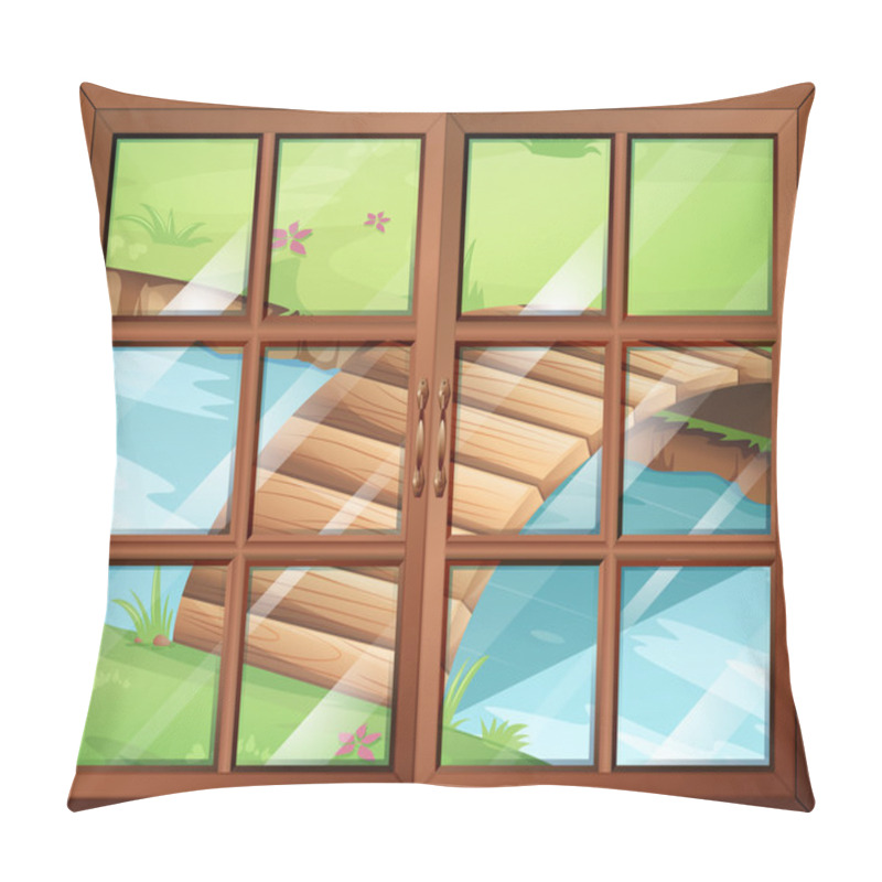 Personality  A Closed Window With A View Of The River With A Bridge Pillow Covers