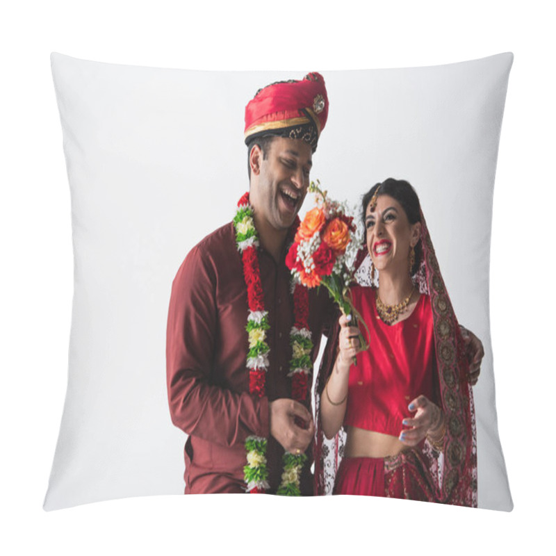 Personality  Cheerful Indian Man In Turban Looking At Bride In Sari With Bouquet Of Flowers Isolated On Grey Pillow Covers