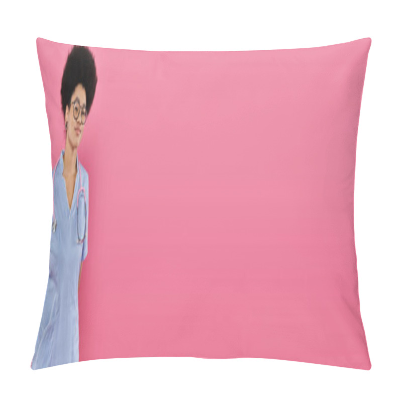 Personality  Breast Cancer Awareness, African American Female Doctor, Oncologist With Stethoscope, Pink, Banner Pillow Covers