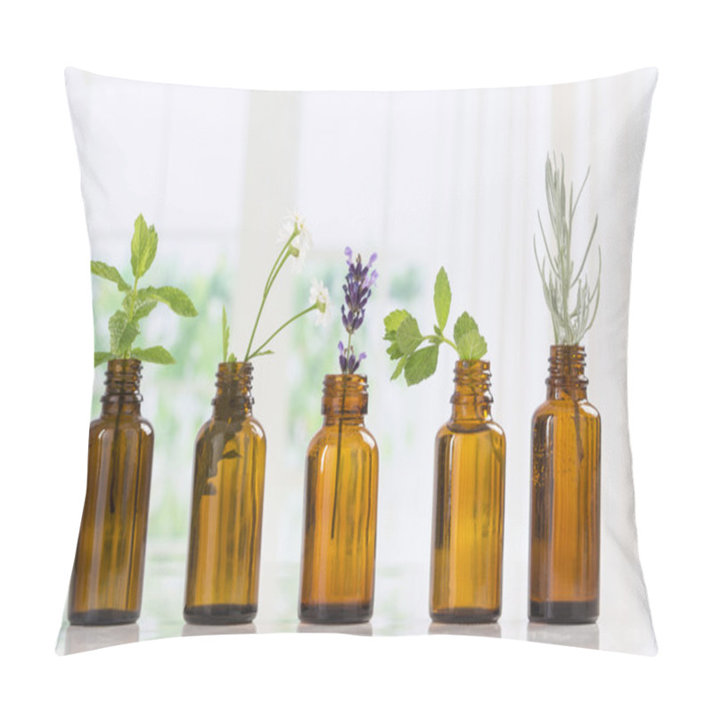 Personality  Brown Bottles Of Essential Oil With Fresh Herbs Pillow Covers