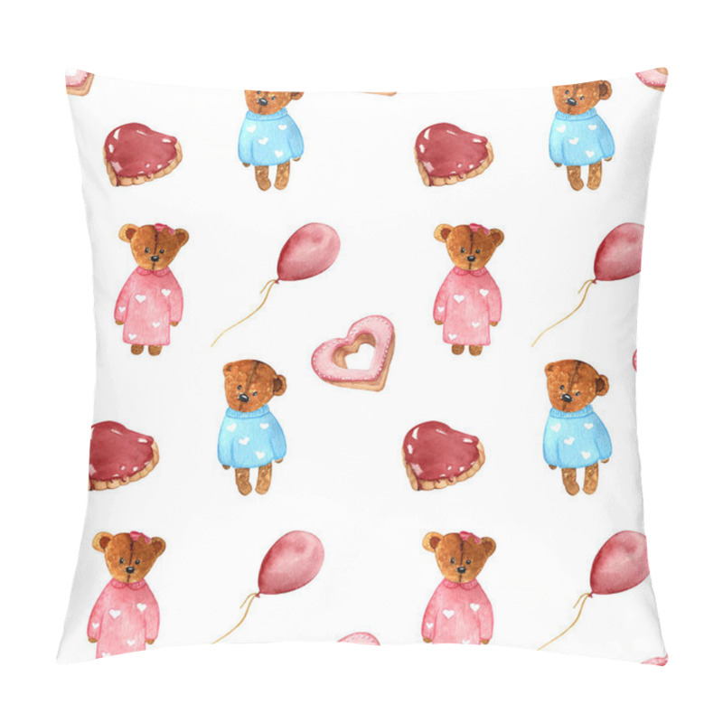 Personality  Watercolor Illustration. Hand Drawing.seamless Pattern Of Cookies In The Shape Of Hearts, Balloons And Teddy Bears. Pillow Covers