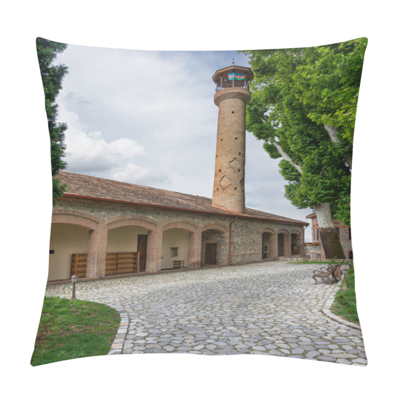 Personality  The Shaki Khans Mosque In Shaki, Azerbaijan Showcases Stunning Architecture With A Tall Minaret And Lush Greenery, Inviting Visitors To Appreciate Its Historical Significance And Serene Atmosphere Pillow Covers