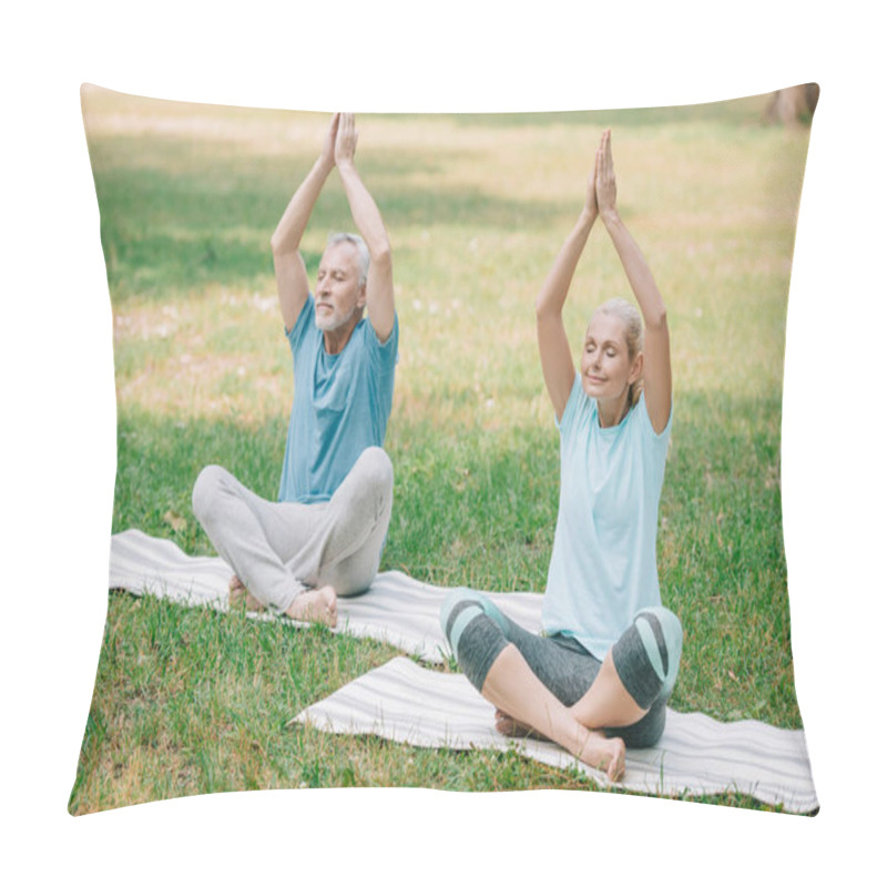 Personality  Mature Man And Woman Sitting In Lotus Poses And Meditating In Park Pillow Covers